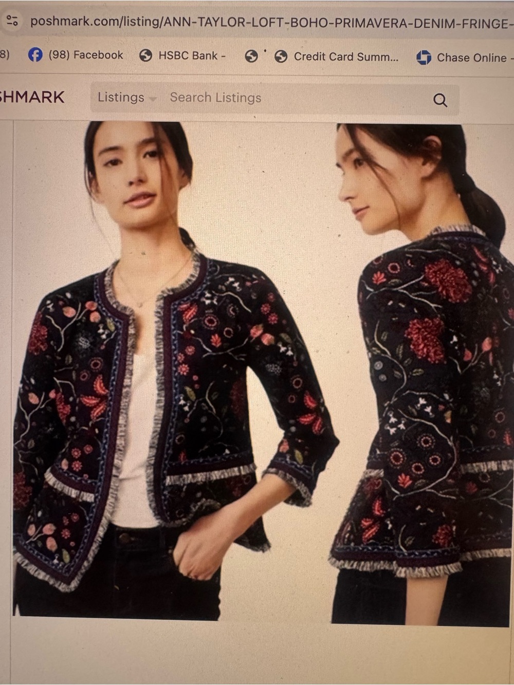 LOFT Black Jacket with Red Floral Embroidery and Fringe